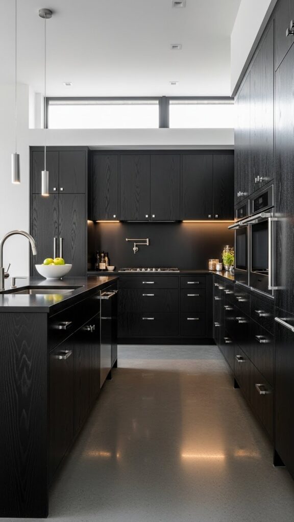 Ebony-stained red oak with silvery grain contrast.