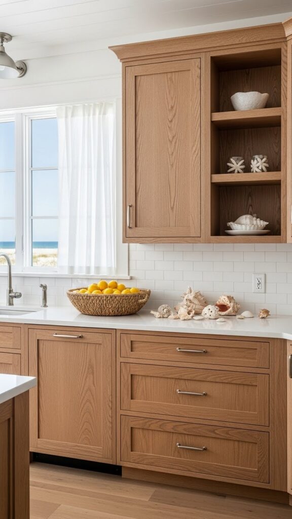 White stain wash on red oak cabinets for beachy look.
