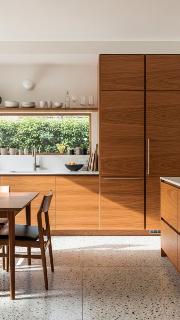 Minimalist slab red oak cabinets with touch-latch hardware.