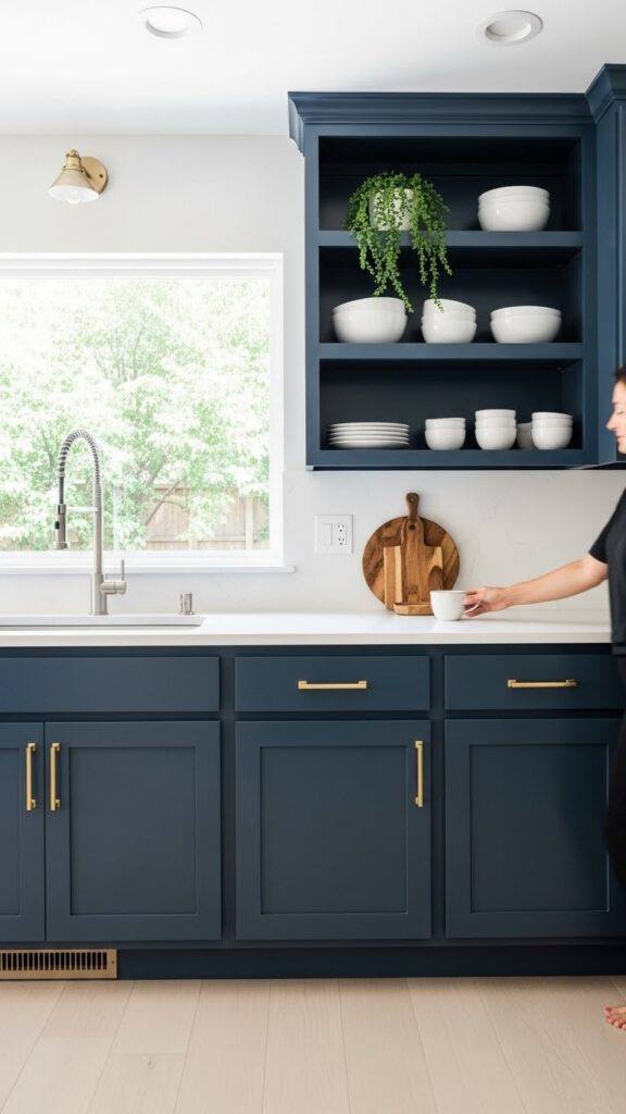 Bold navy blue Shaker-style red oak cabinets.